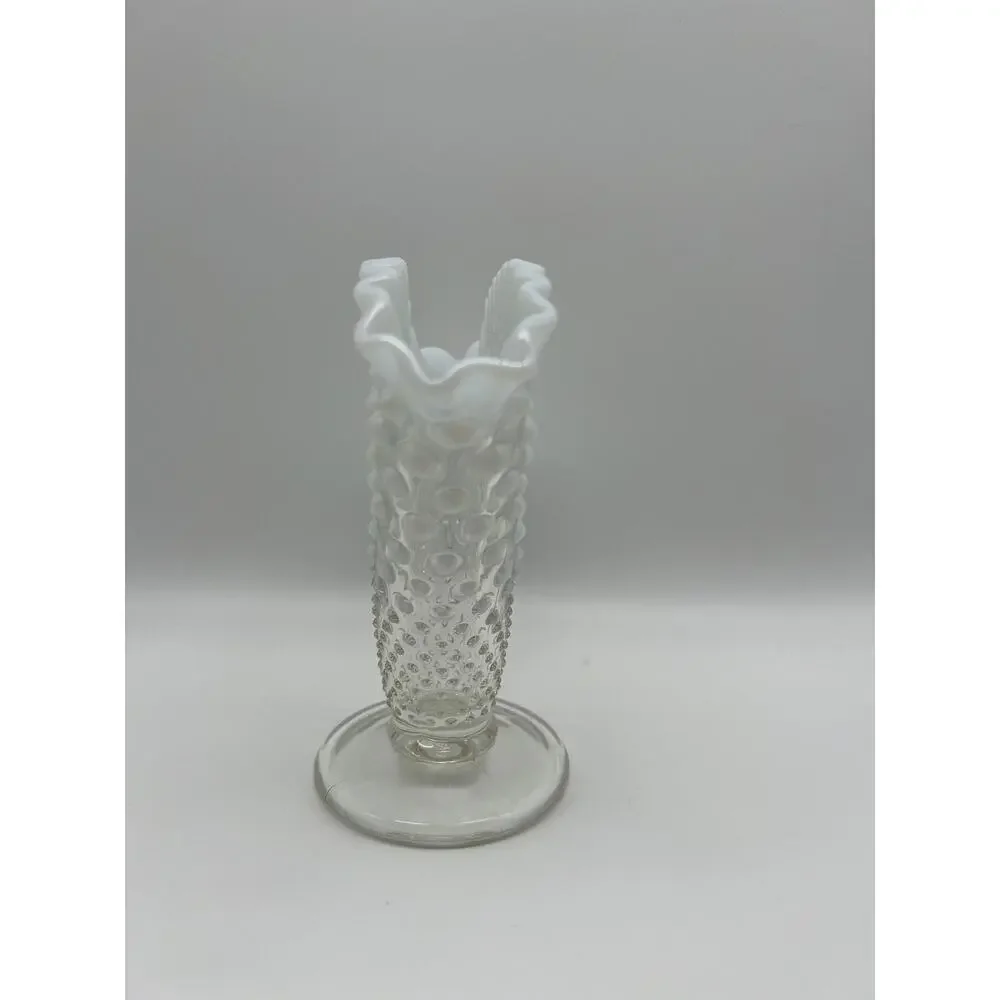 Vintage‎ Fenton White Clear Opalescent Rim Hobnail 1950s Fan Glass Vase 6x6